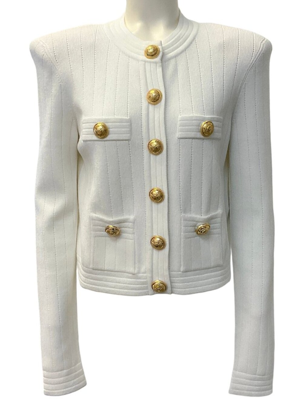 Balmain White Ribbed Knit Cardigan with Gold Buttons